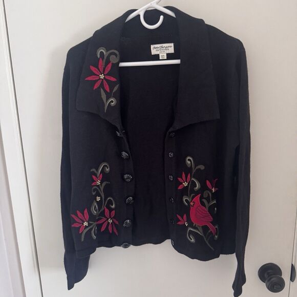 VTG Norm Thompson Knit Cardigan Sweater Christmas Poinsettia Cardinal Med Petite - Picture 5 of 12